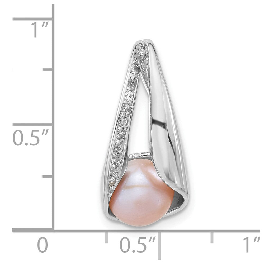 Sterling Silver Polished CZ 8-9mm Freshwater Cultured Button Pink Pearl Pendant