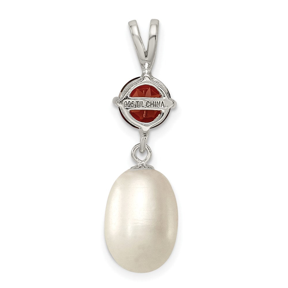 Sterling Silver Rhodium-plated Garnet 8-9mm FWC Pearl Teardrop Pendant