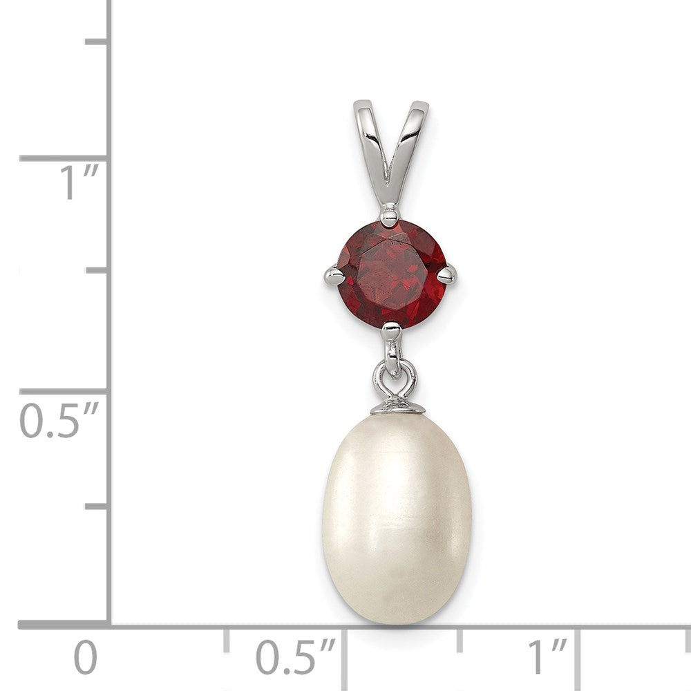 Sterling Silver Rhodium-plated Garnet 8-9mm FWC Pearl Teardrop Pendant