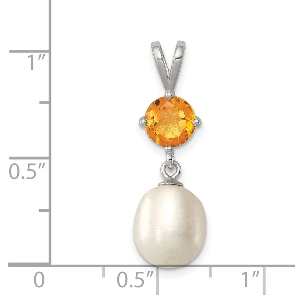 Sterling Silver Rhodium-plated Citrine 8-9mm FWC Pearl Teardrop Pendant