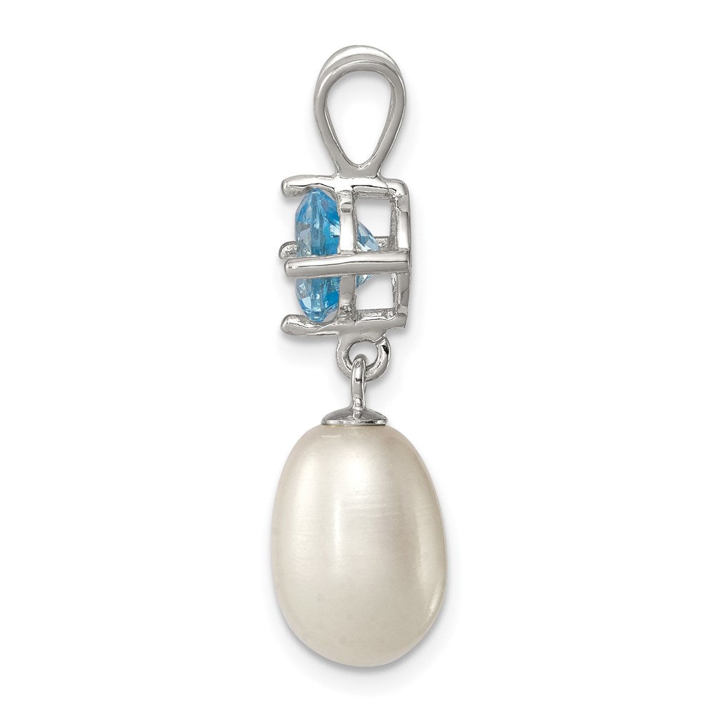 Sterling Silver Rhodium-plated Blue Topaz 8-9mm FWC Pearl Teardrop Pendant