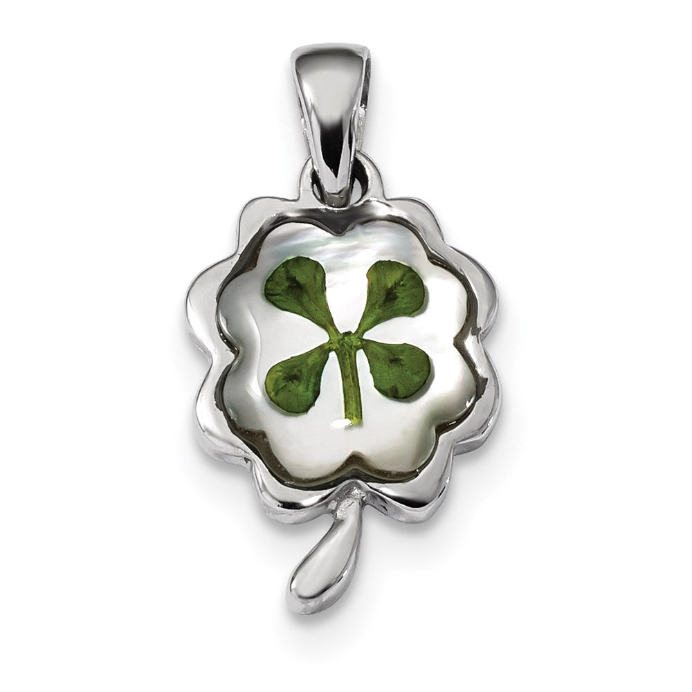 Sterling Silver Platinum Plated Leaf Clover Epoxy & Shell Pendant