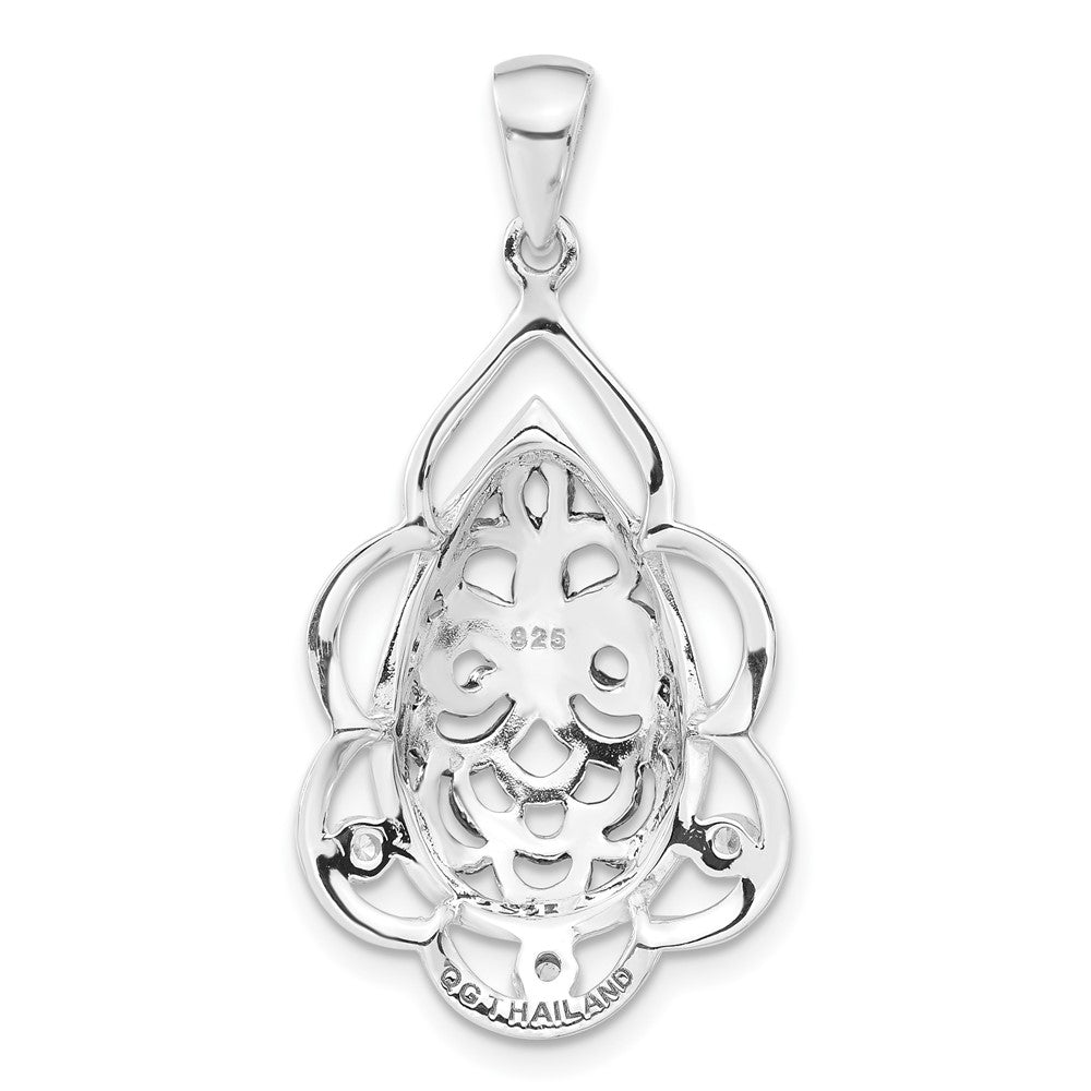 Sterling Silver Polished & Antiqued CZ Fleur de Lis Teardrop Pendant