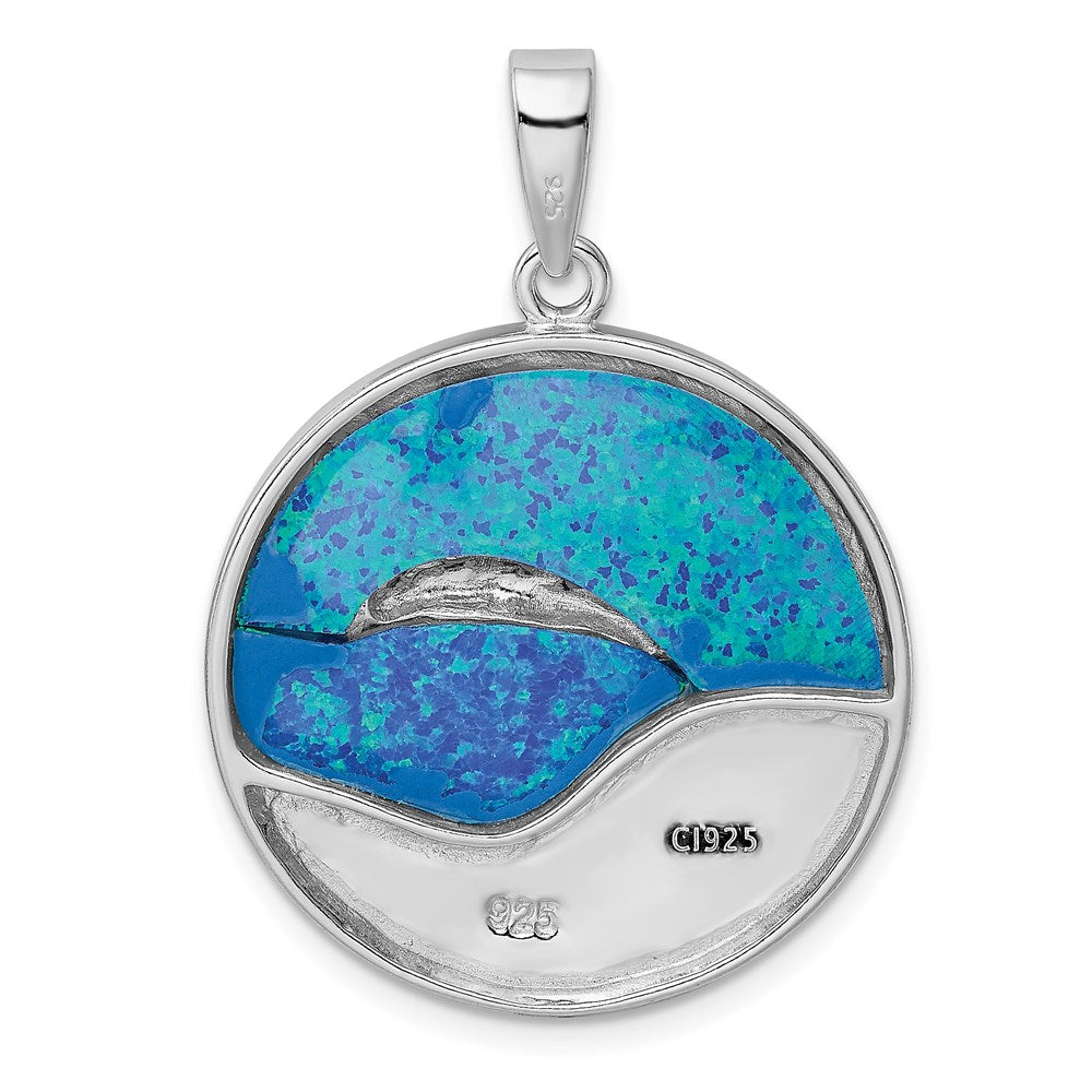 Sterling Silver Rhodium-plated Blue Created Opal Dolphins Pendant