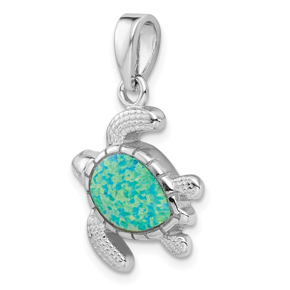 Sterling Silver Rhodium-plated Polished Green Inlay Created Opal Turtle Pendant