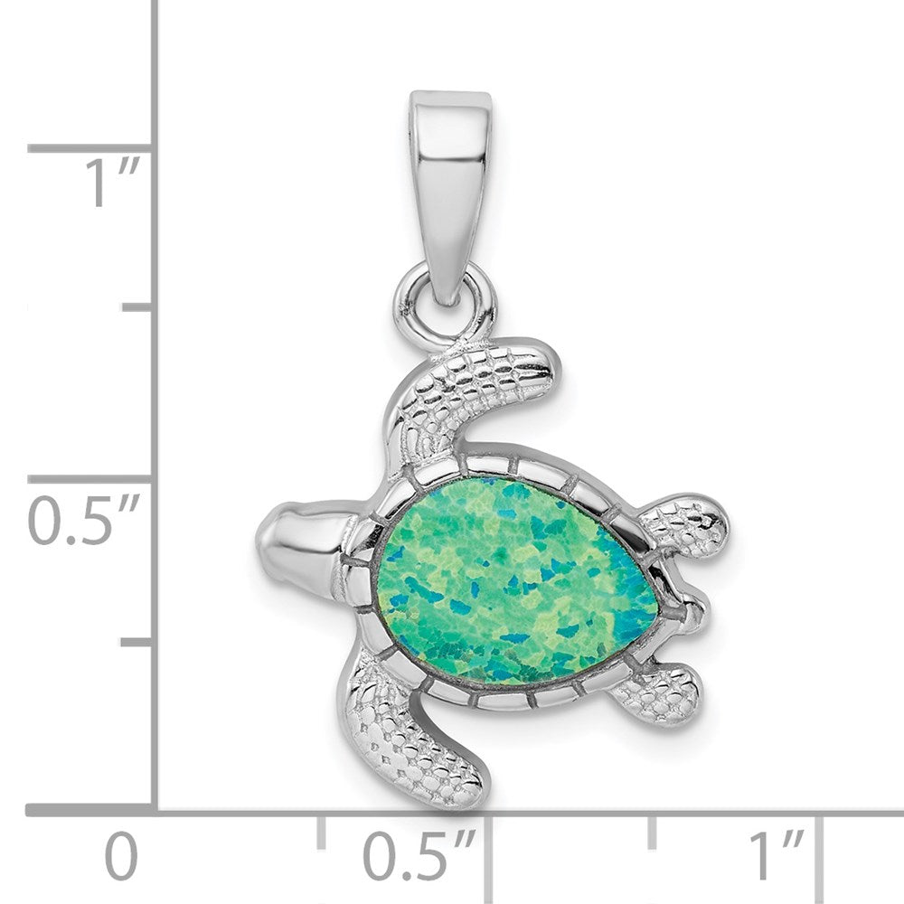 Sterling Silver Rhodium-plated Polished Green Inlay Created Opal Turtle Pendant