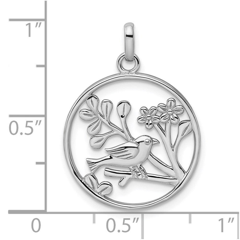 Sterling Silver Rhodium-plated Polished Bird and Flowers Pendant