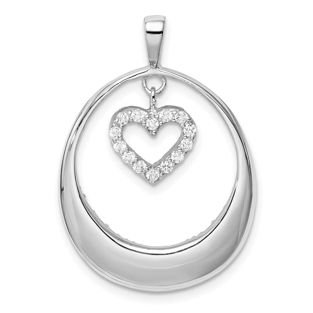 Sterling Silver Rhodium-plated CZ Oval w/Dangle Heart Pendant
