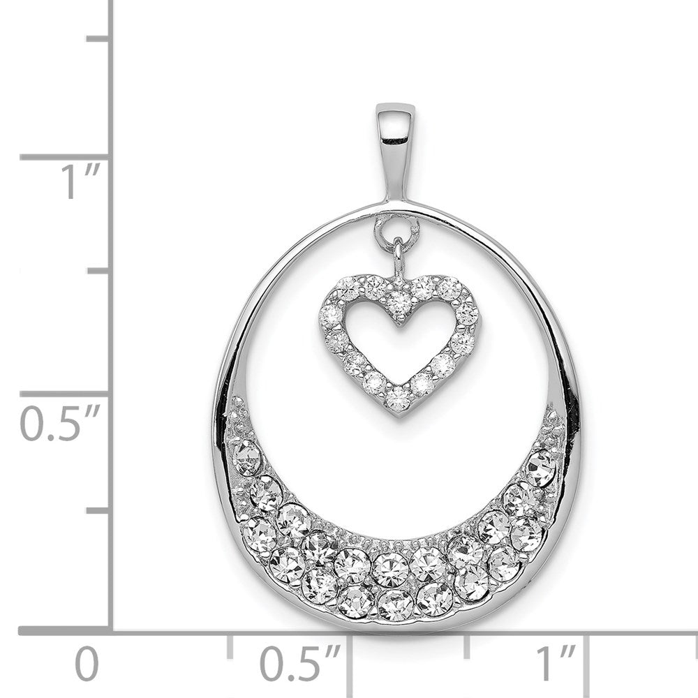 Sterling Silver Rhodium-plated CZ Oval w/Dangle Heart Pendant
