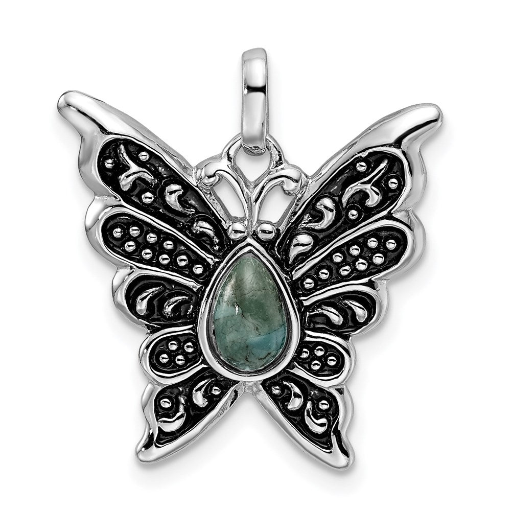 Sterling Silver Rhodium/Oxidized Reconstituted Turquoise Butterfly Pendant