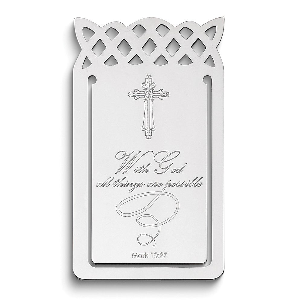 Sterling Silver Rhodium-plated Cross with Mark 10:27 Verse Book Mark with Tassel
