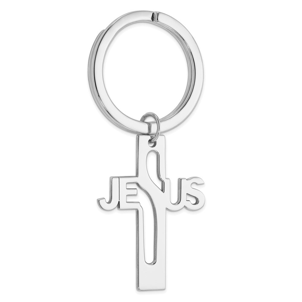 Sterling Silver Rhodium-plated Jesus Cross Key Ring