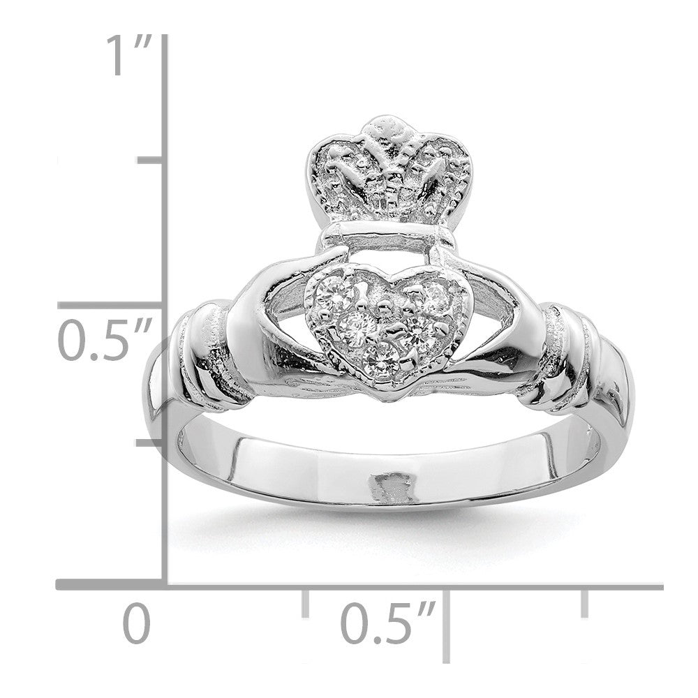 Sterling Silver Rhodium-plated CZ Claddagh Ring