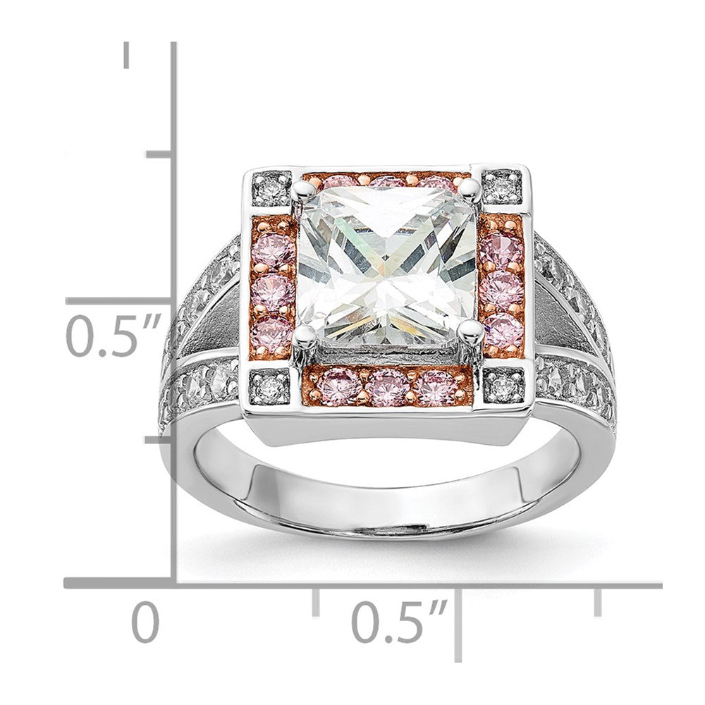 Sterling Silver w/ Rose-tone Vermeil Polished Square Pink & Clear CZ Ring