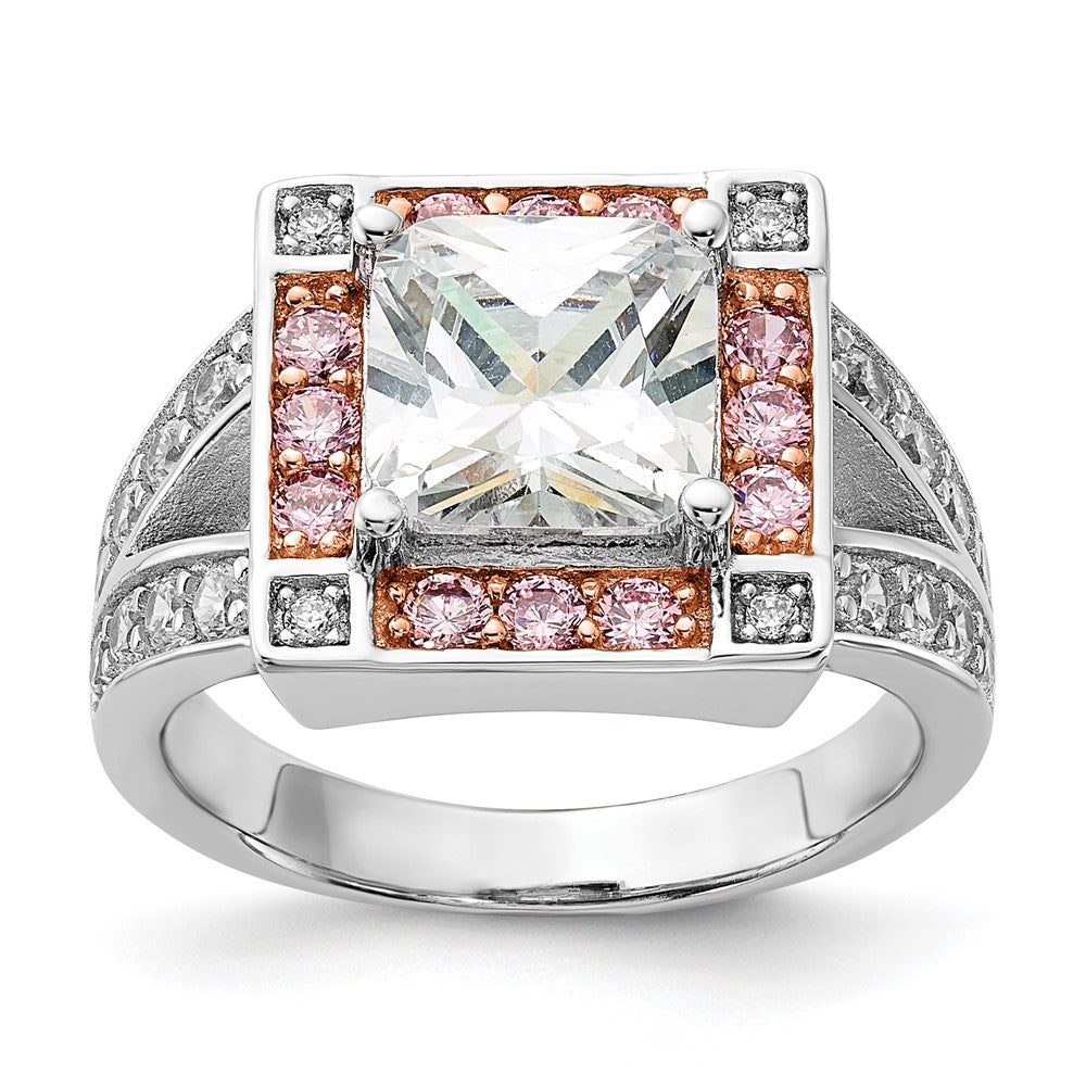 Sterling Silver w/ Rose-tone Vermeil Polished Square Pink & Clear CZ Ring