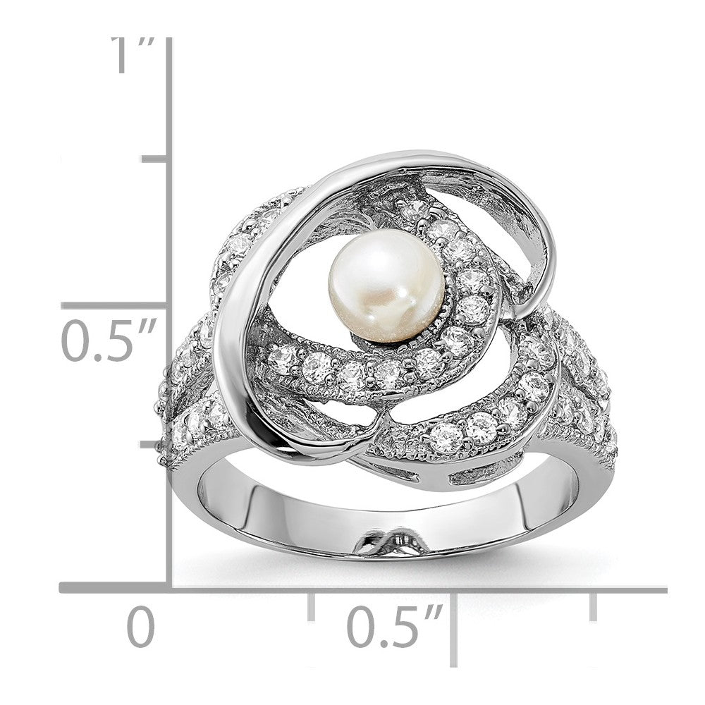 Sterling Silver Polished Simulated Pearl and CZ Ring