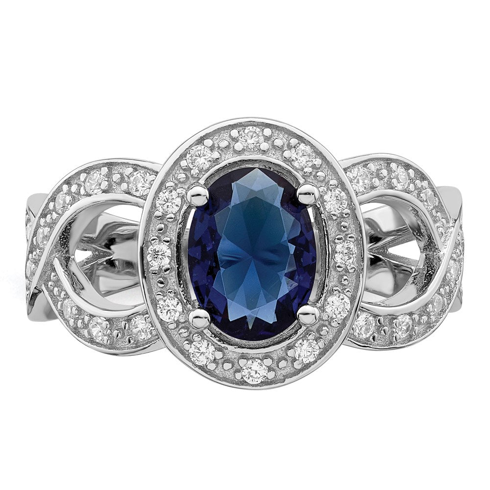 Sterling Silver Rhodium plated Dark Blue Glass & CZ Ring