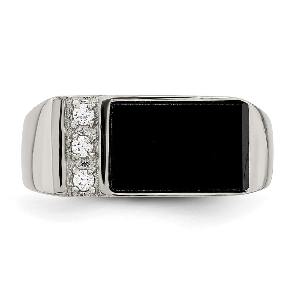 Sterling Silver Rhodium-plated Onyx & CZ Ring