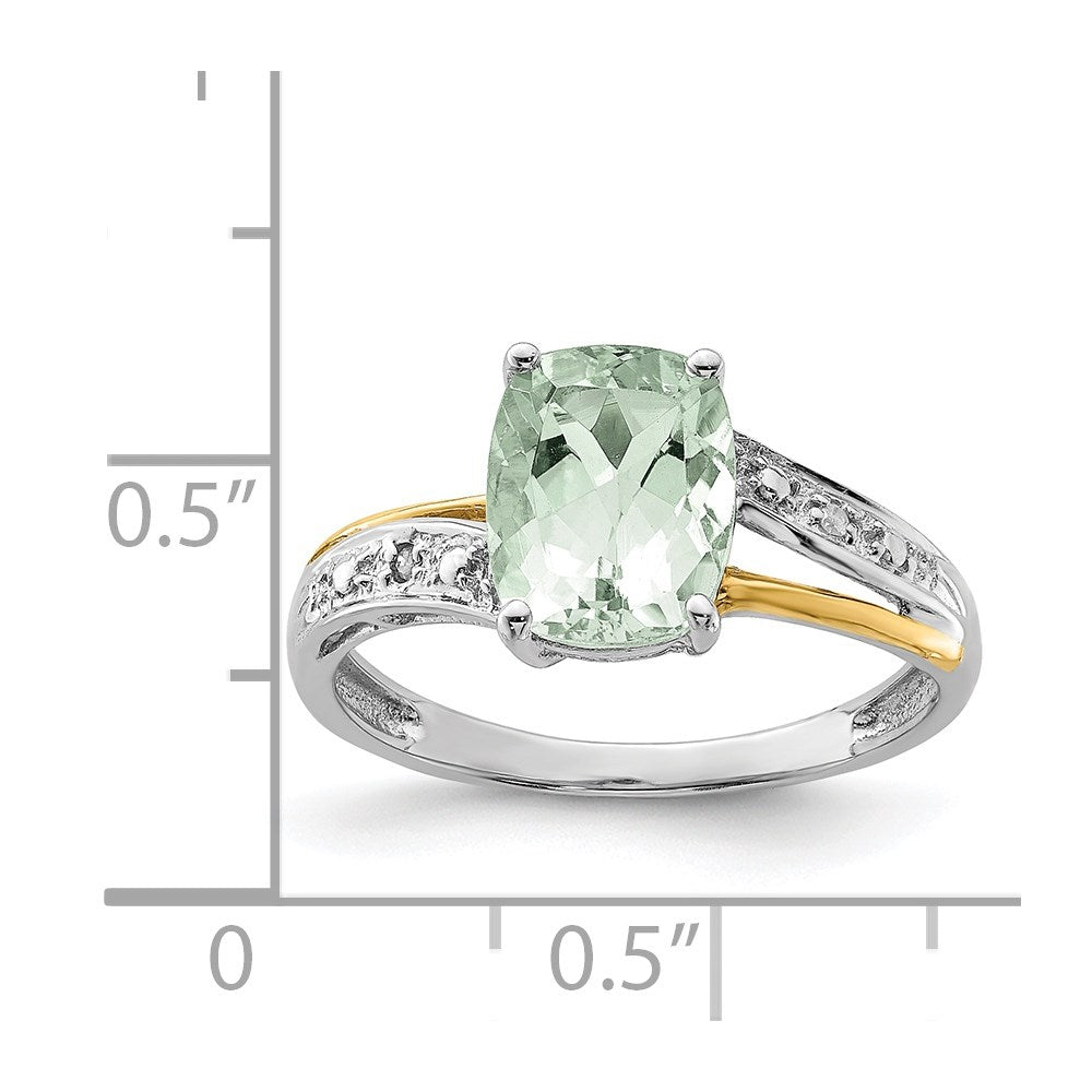 Brilliant Gemstones Sterling Silver with 14K Accent Rhodium-plated Green Quartz and Diamond Ring