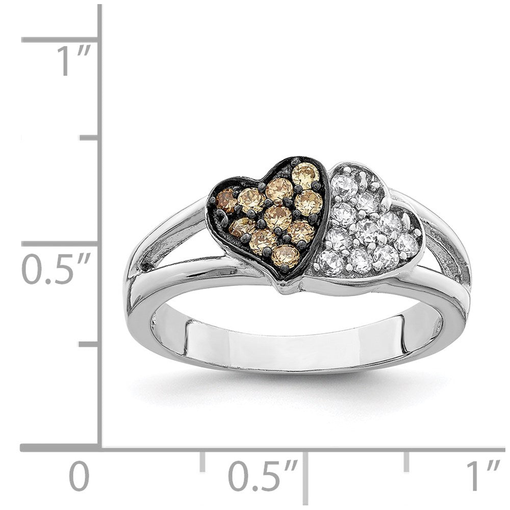 Sterling Silver Rhodium Clear & Champagne CZ Hearts Ring