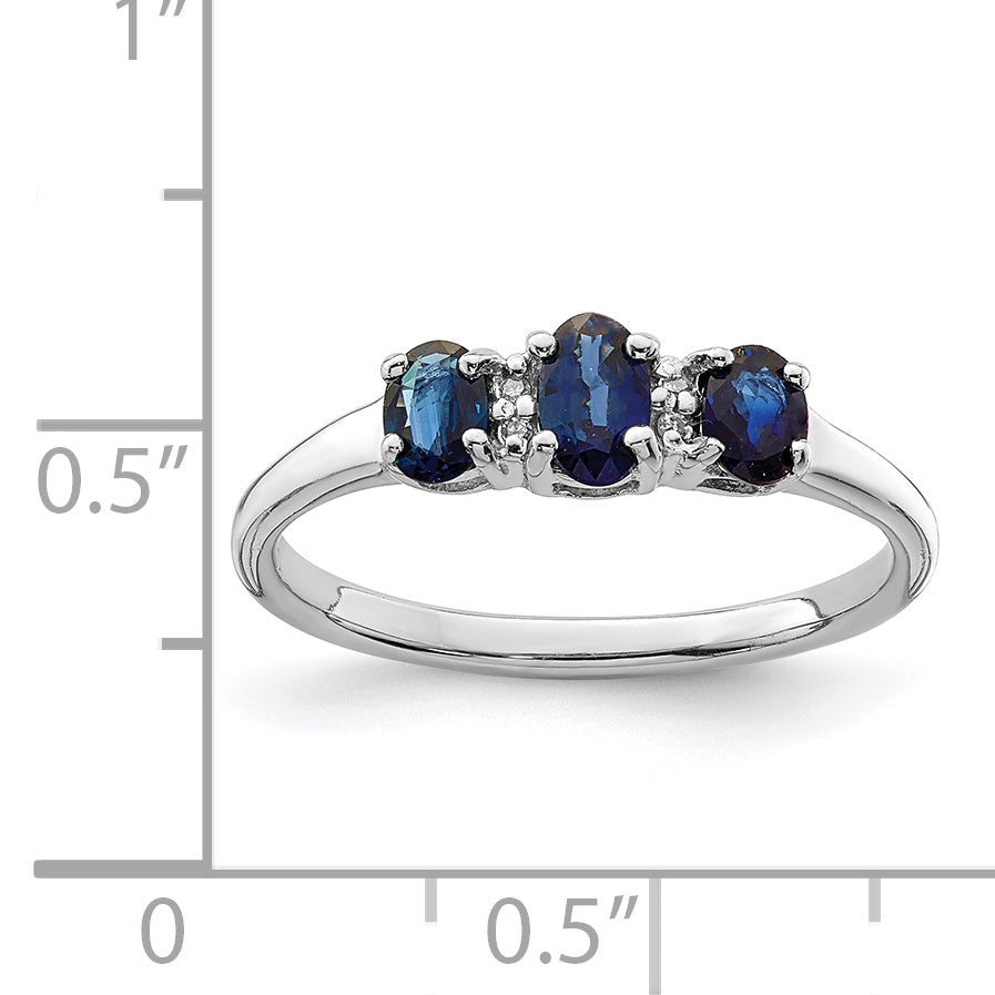 Sterling Silver Rhodium 3 Oval Sapphire & Diamond Ring