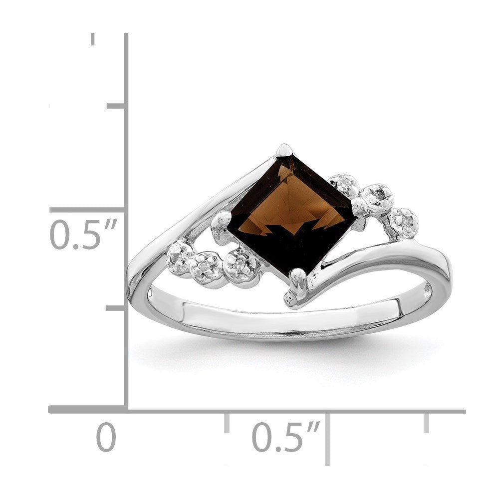 Sterling Silver Rhodium Princess-cut Smoky Quartz & Diamond Ring