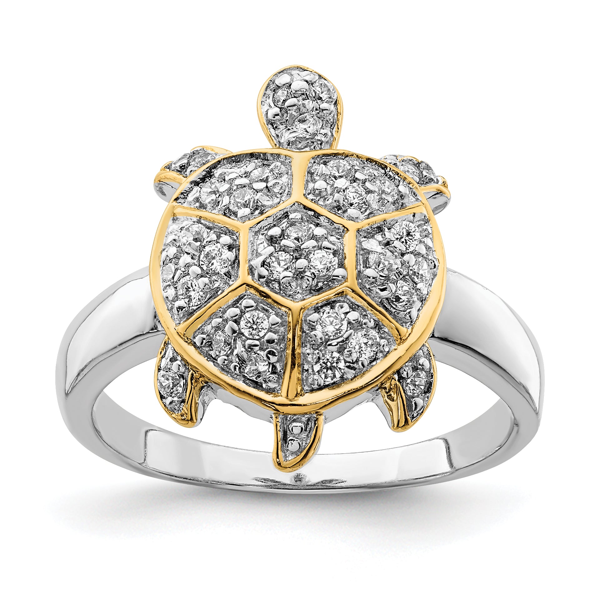 Sterling Silver Rhodium-plated CZ and Flash Gold-Plated Turtle Ring
