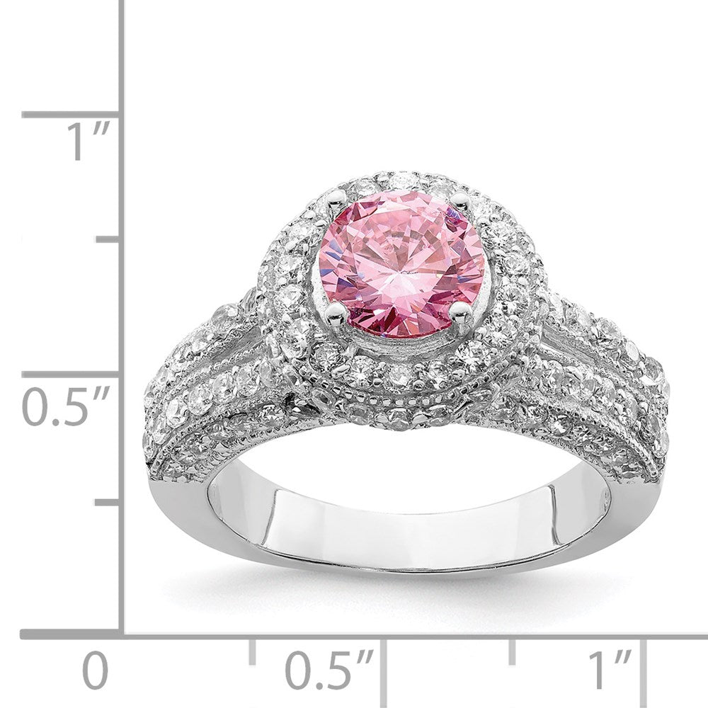Sterling Silver Rhodium-plated Round Pink and White CZ Ring