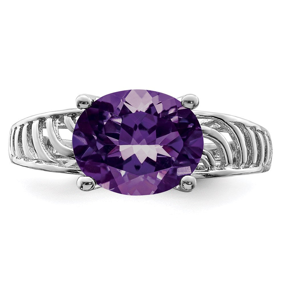 Sterling Silver Rhodium-plated Oval Amethyst Ring