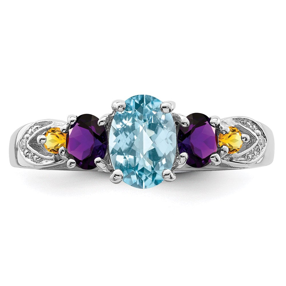 Sterling Silver Rhodium Lght Sw Blue Topaz, Amthyst, Citrine & Diam. Ring