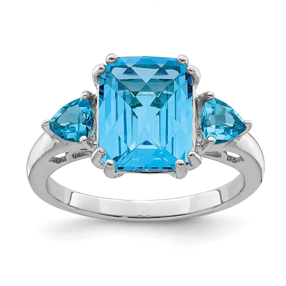 Sterling Silver Rhodium Octagonal Checker-Cut Blue Topaz Ring