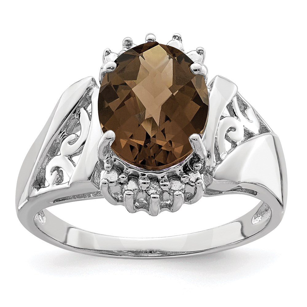 Sterling Silver Rhodium Checker-Cut Smoky Quartz & Oval Diam. Ring