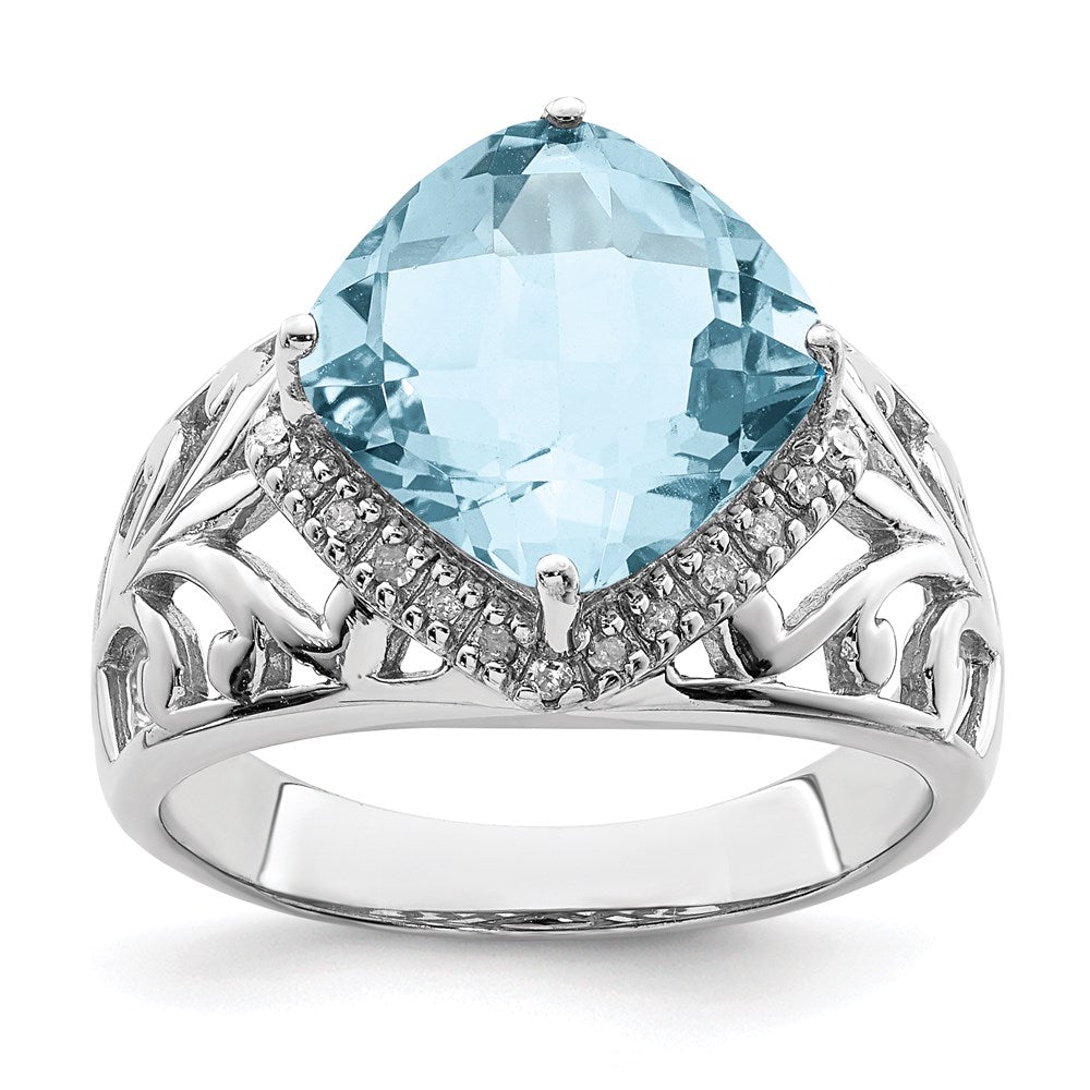 Sterling Silver Rhodium Checker-Cut Sky Blue Topaz & Diam. Ring