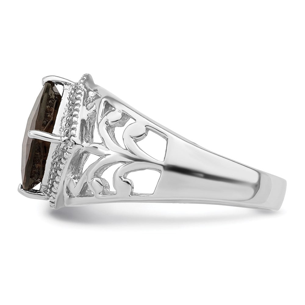 Sterling Silver Rhodium Checker-Cut Smoky Quartz & Diam. Ring
