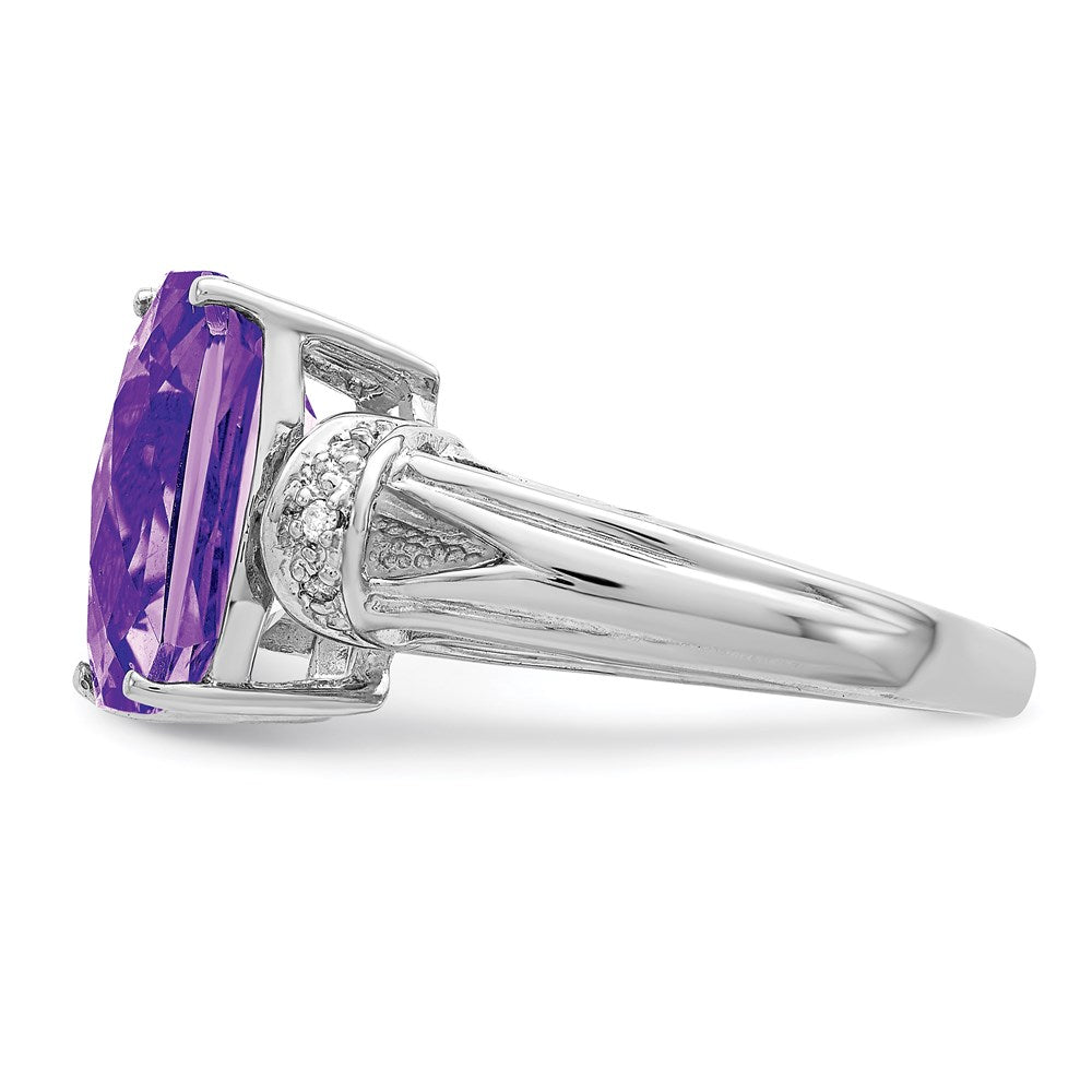 Sterling Silver Rhodium Octagonal Checker-Cut Amethyst & Diamond Ring