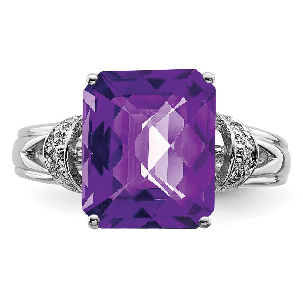 Sterling Silver Rhodium Octagonal Checker-Cut Amethyst & Diamond Ring
