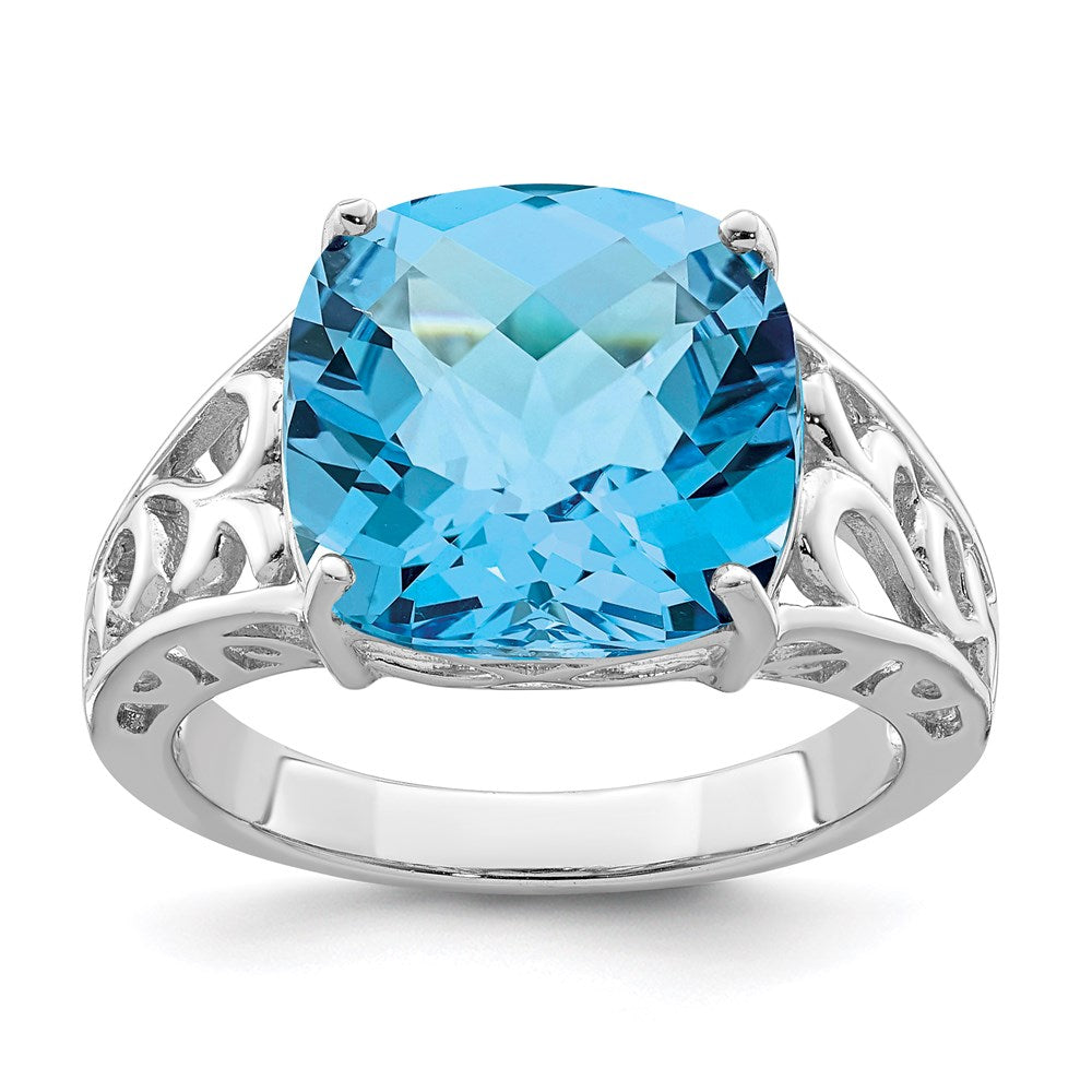 Sterling Silver Rhodium Checker-Cut Blue Topaz Ring