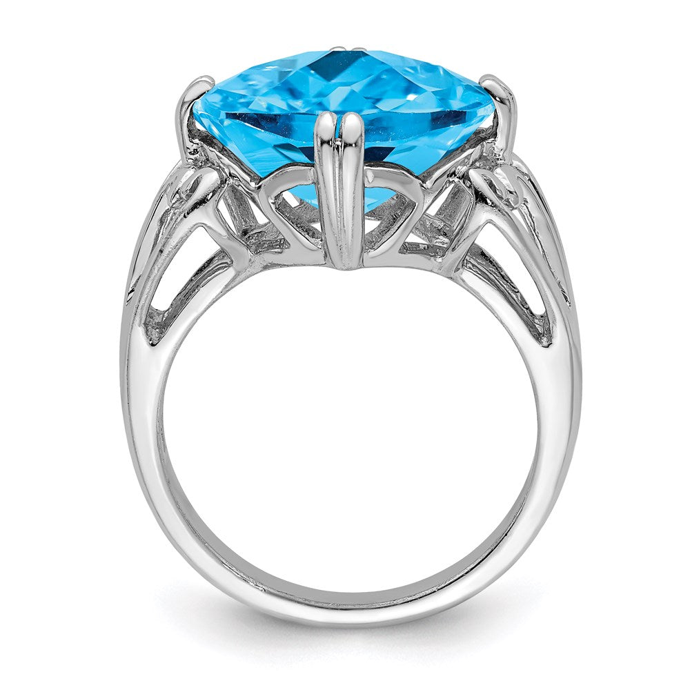Sterling Silver Rhodium Checker-Cut Blue Topaz Ring