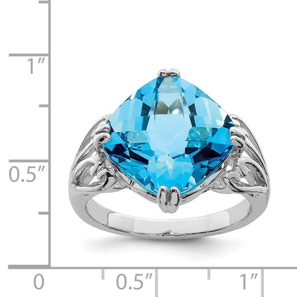 Sterling Silver Rhodium Checker-Cut Blue Topaz Ring