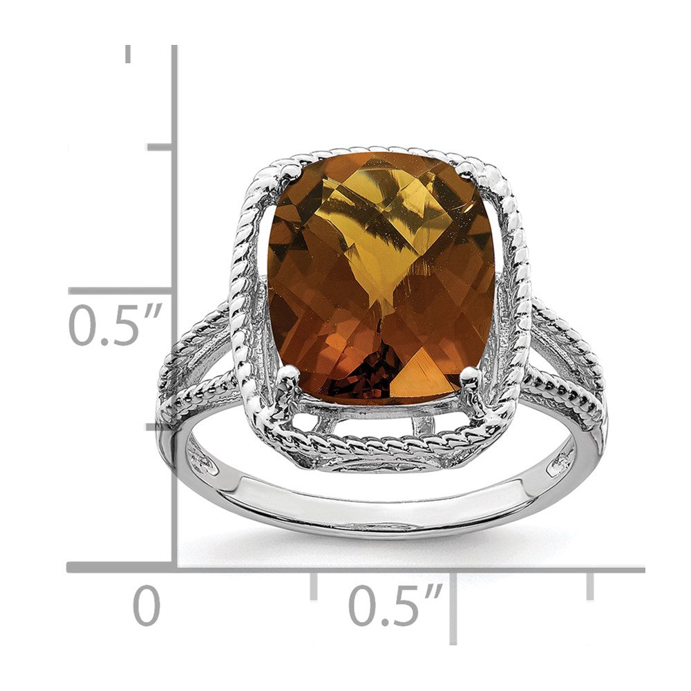 Sterling Silver Rhodium Checker-Cut Whiskey Quartz Ring
