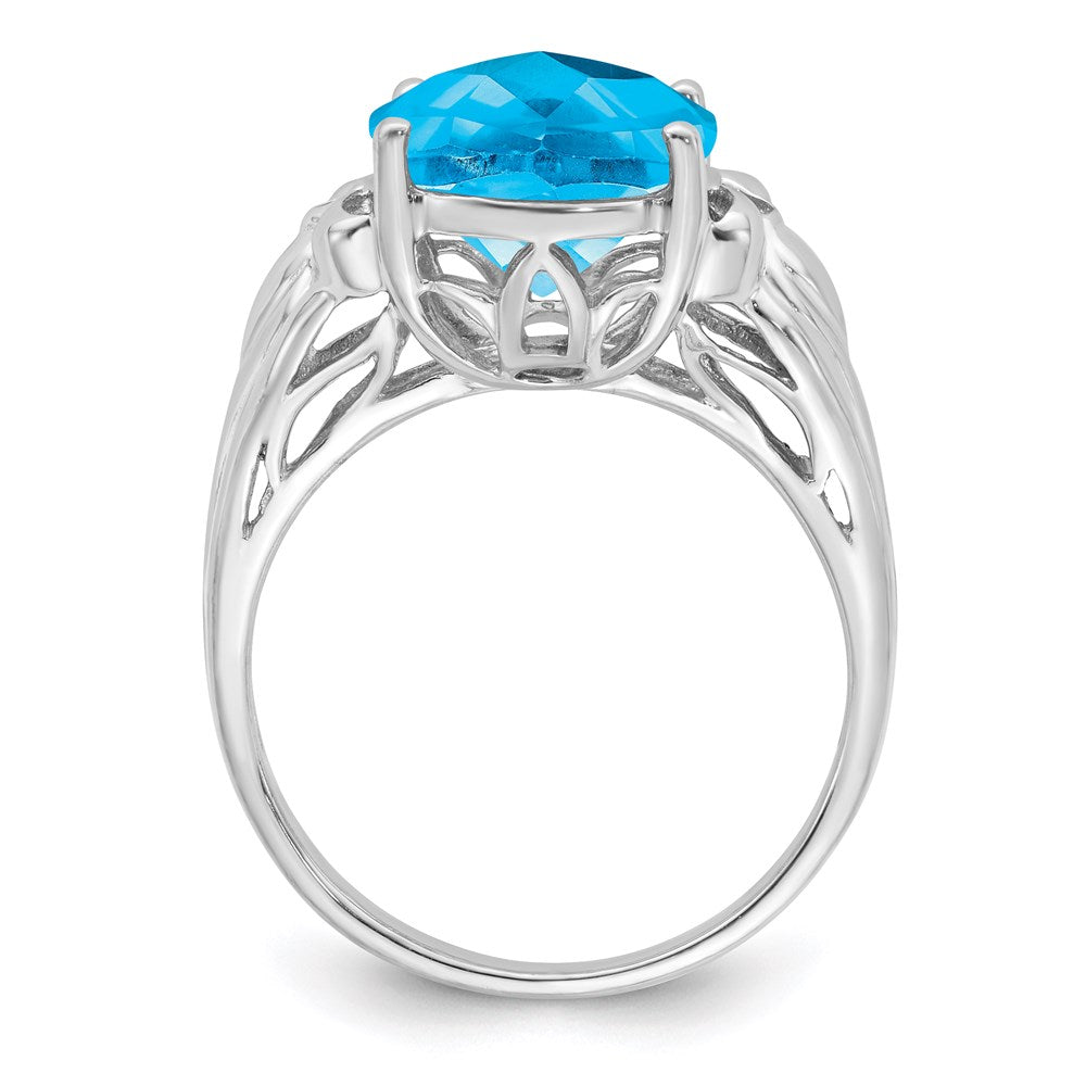 Sterling Silver Rhodium Oval Checker-Cut Blue Topaz Ring