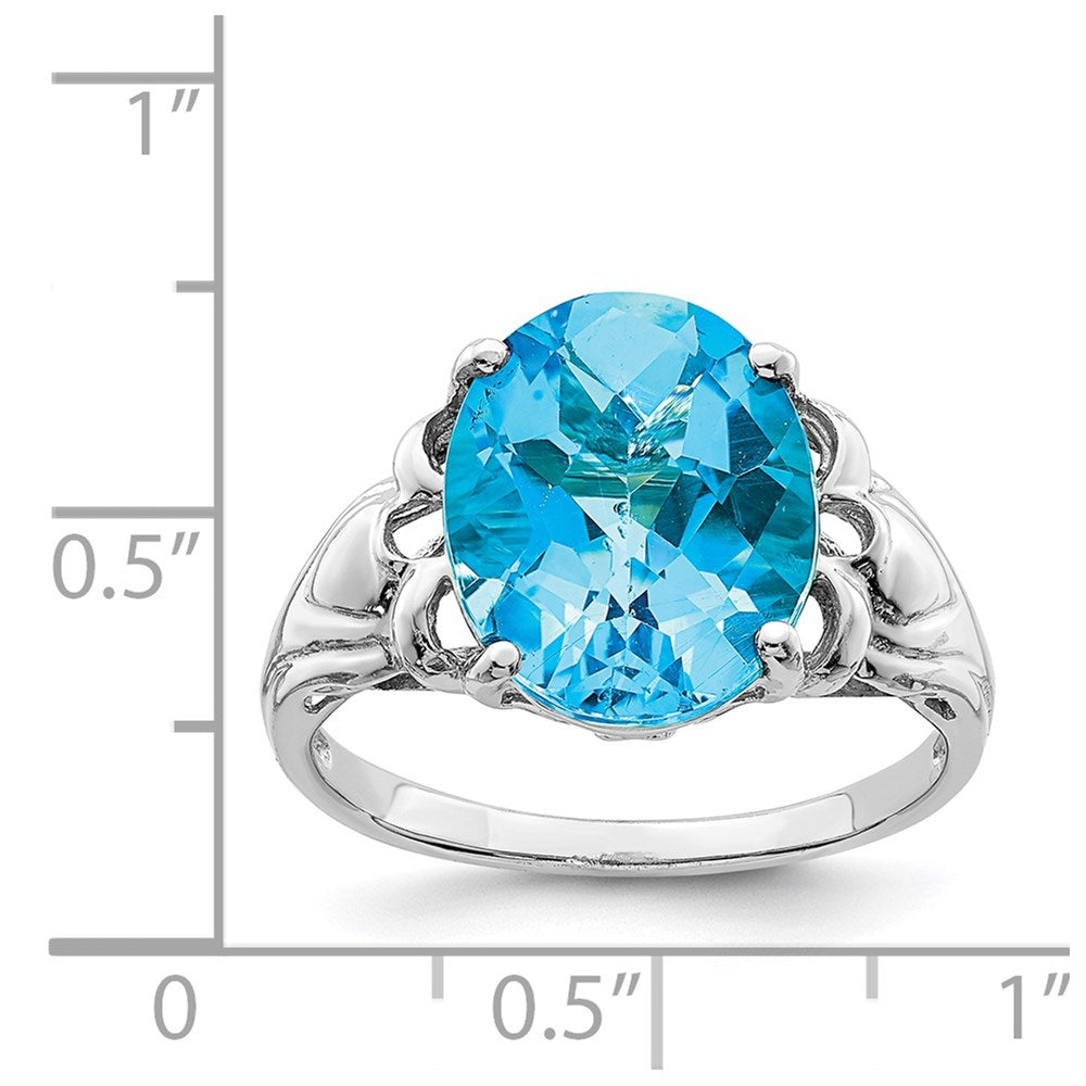 Sterling Silver Rhodium Oval Checker-Cut Blue Topaz Ring