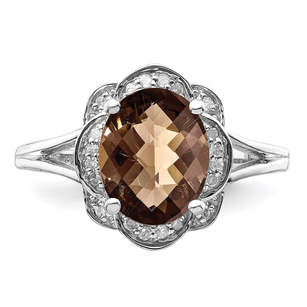 Sterling Silver Rhodium Diam. & Smoky Quartz Ring