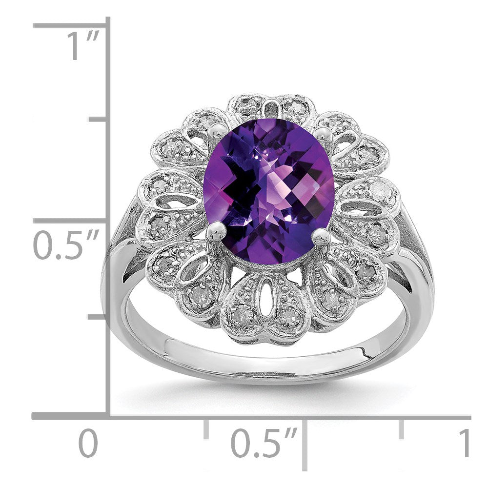 Sterling Silver Rhodium-plated Diam & Oval Checker-Cut Amethyst Ring