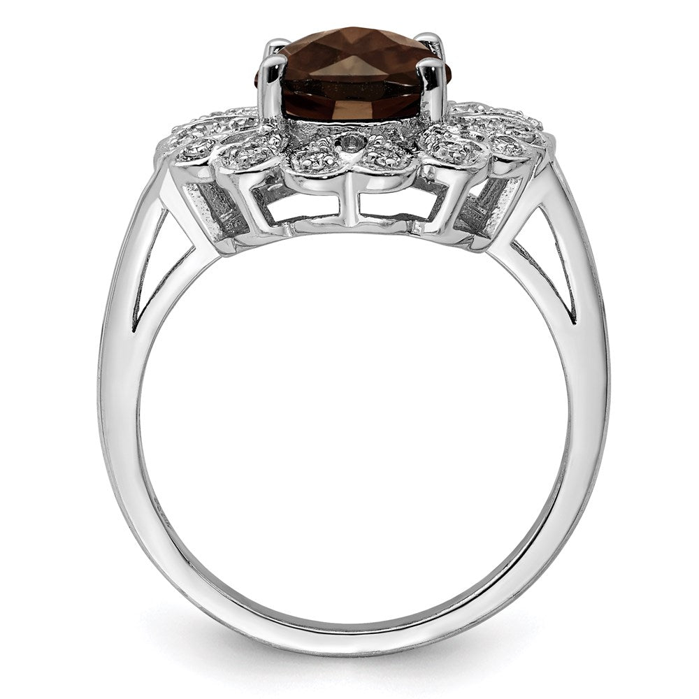 Sterling Silver Rhodium Diam. & Checker-Cut Smoky Quartz Ring