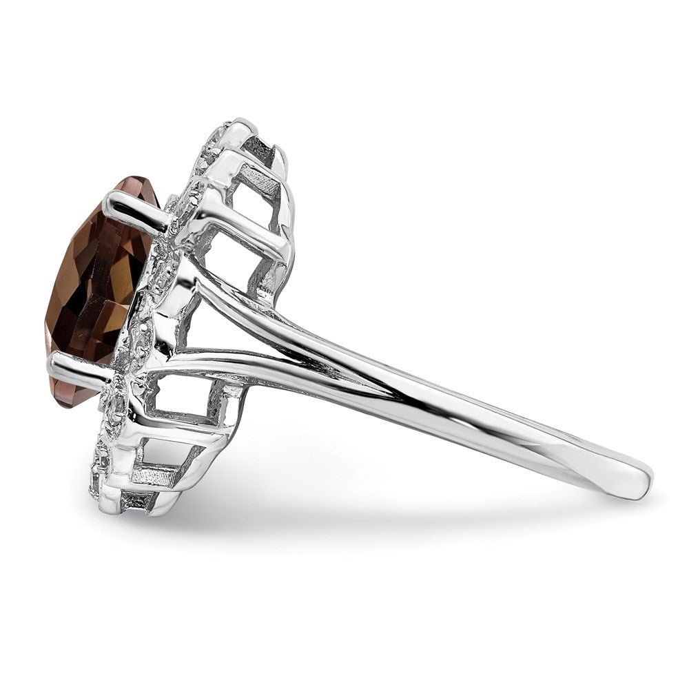 Sterling Silver Rhodium Diam. & Checker-Cut Smoky Quartz Ring