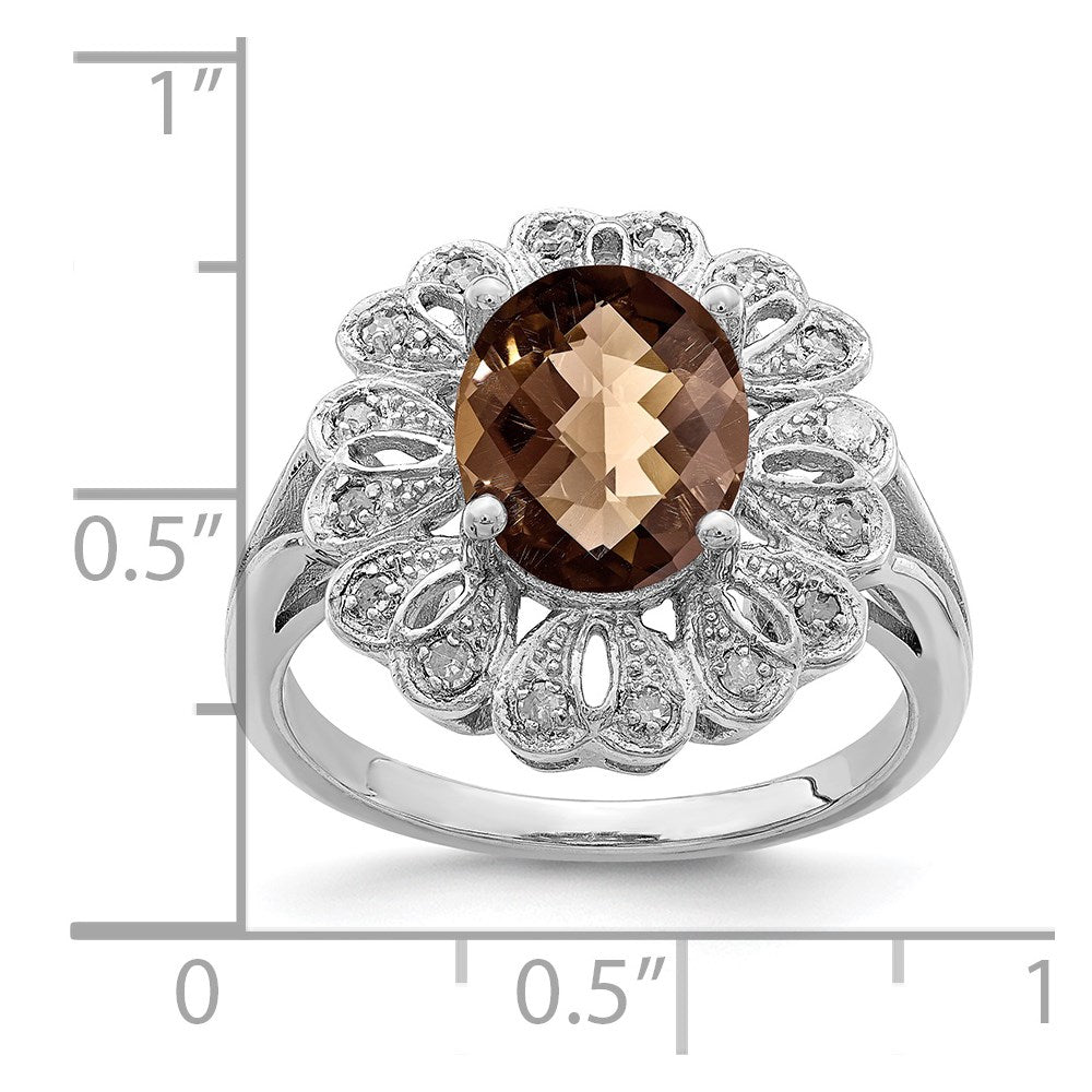 Sterling Silver Rhodium Diam. & Oval Checker-Cut Smoky Quartz Ring