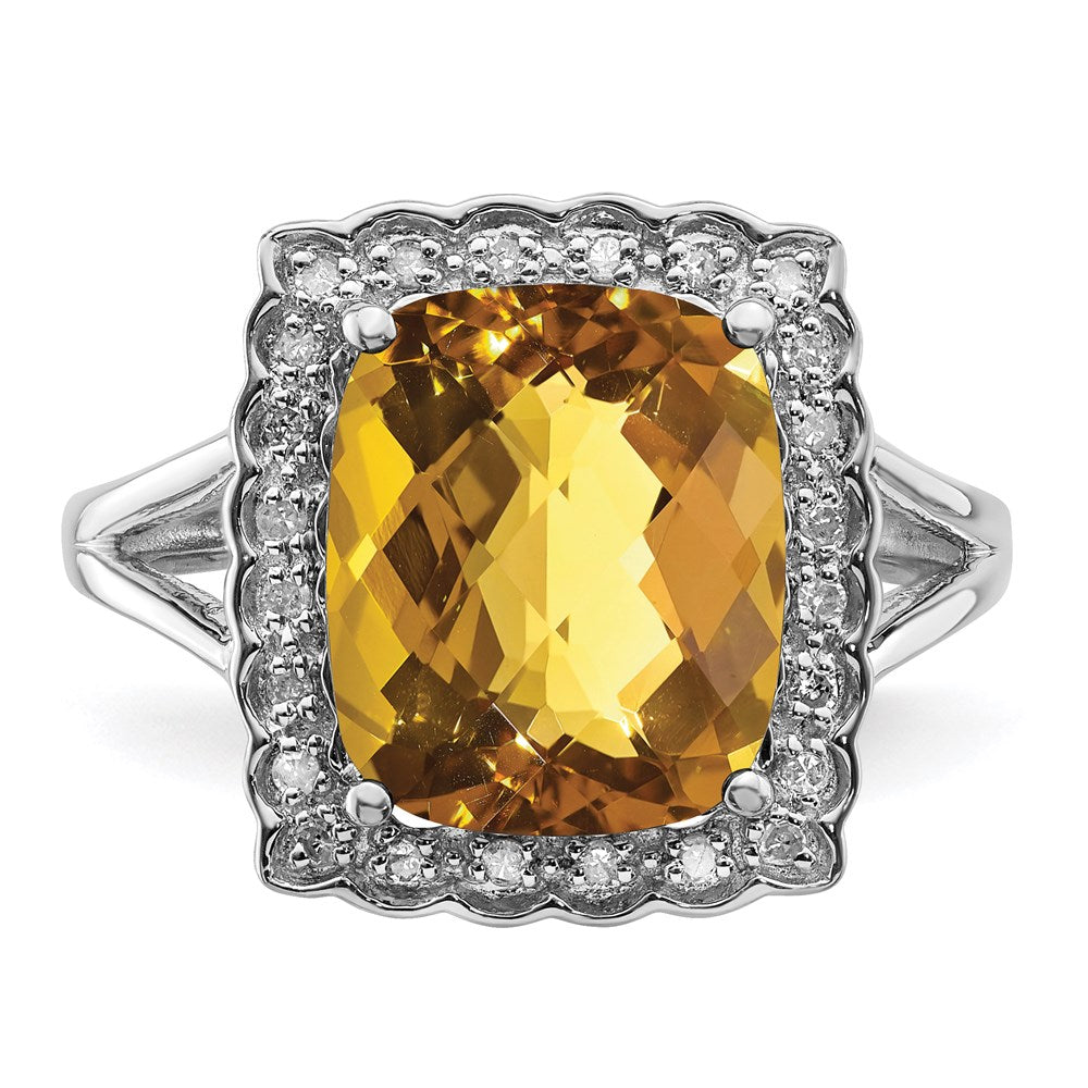 Sterling Silver Rhodium Diam. & Checker-Cut Whiskey Quartz Ring