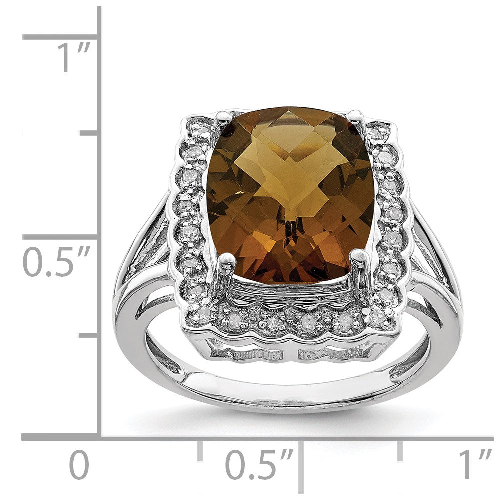 Sterling Silver Rhodium Diam. & Checker-Cut Whiskey Quartz Ring