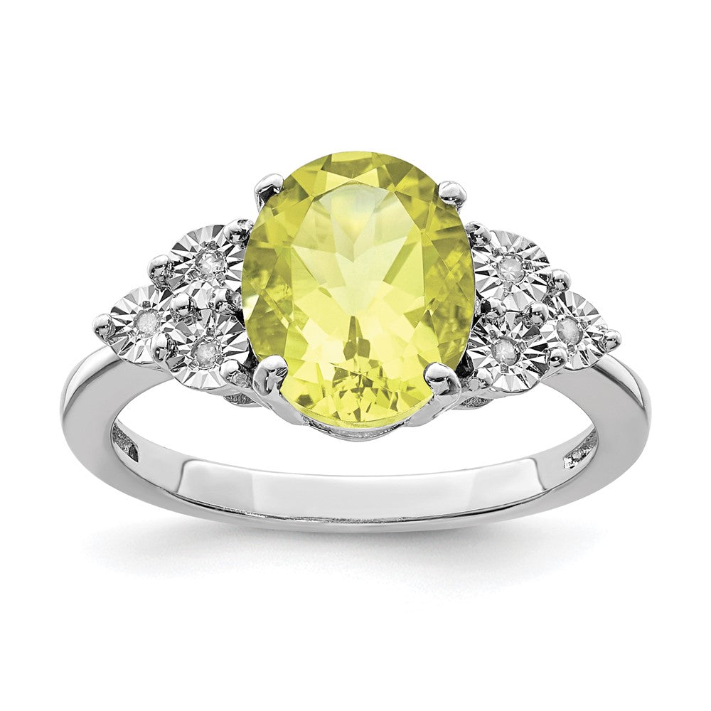 Sterling Silver Rhodium Diam. & Oval Lemon Quartz Ring